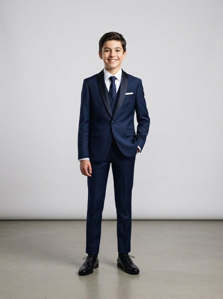 B365 Boy Solid 5PC Suit Set — Blue w/ Satin Shawl Collar