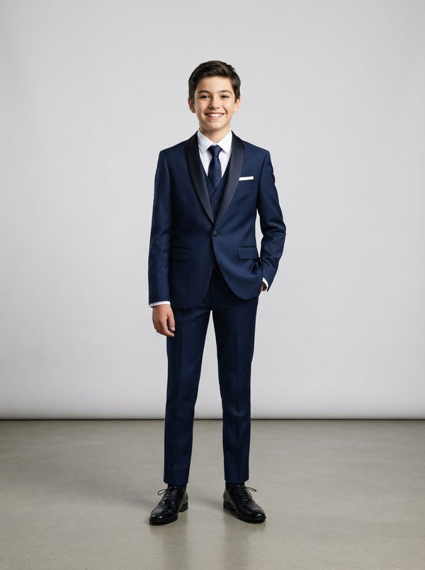 B365 Boy Solid 5PC Suit Set — Blue w/ Satin Shawl Collar