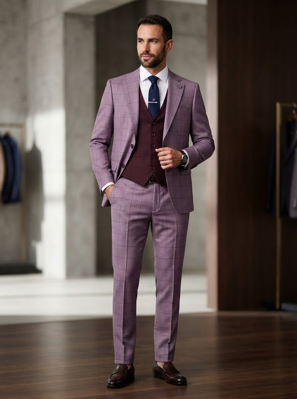 Diego 3PC Windowpane Plaid Suit — Mauve Lavender Check Super 200s Wool & Cashmere