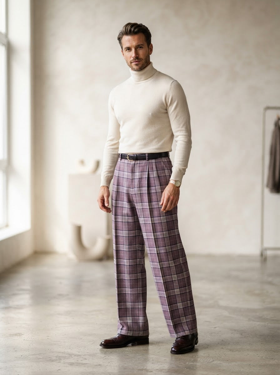 WP-101 Wide Leg Flat Front Plaid Trousers — Mauve Purple Plaid