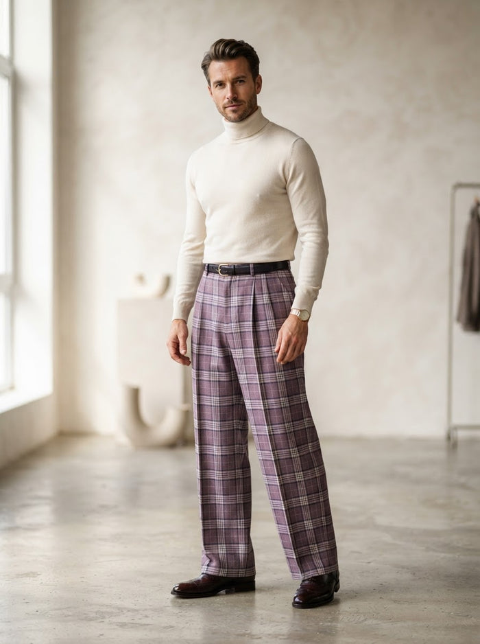 WP-101 Wide Leg Flat Front Plaid Trousers — Mauve Purple Plaid