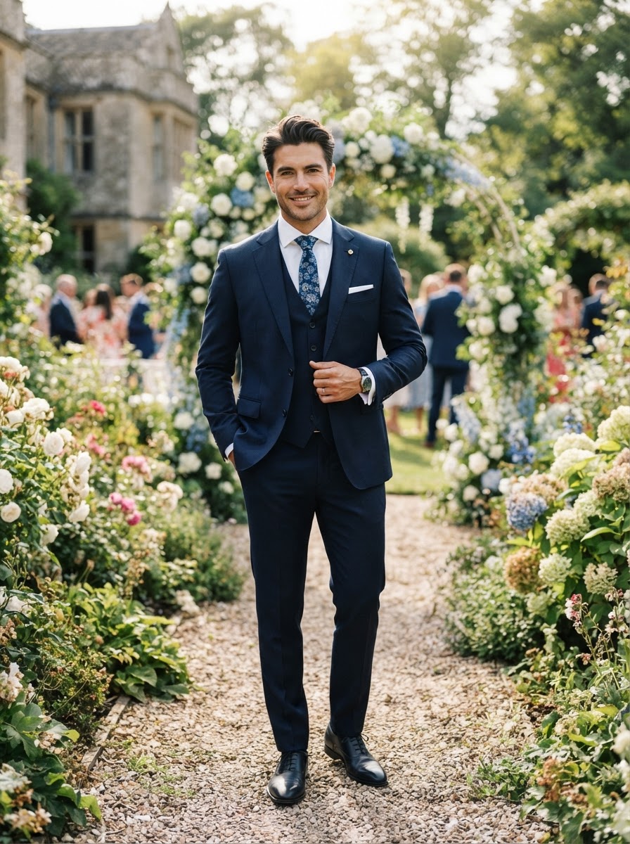 Tailored Navy Blue Suit w/ Floral Accent Tie — Navy