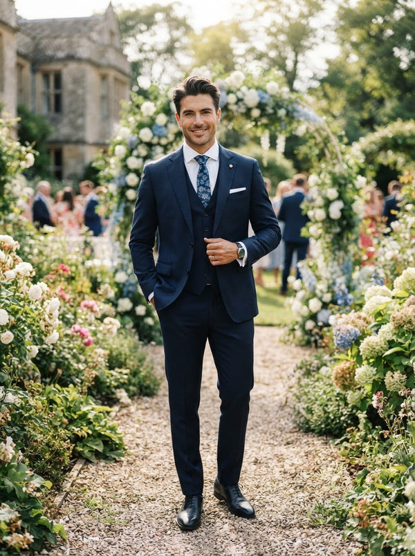Tailored Navy Blue Suit w/ Floral Accent Tie — Navy