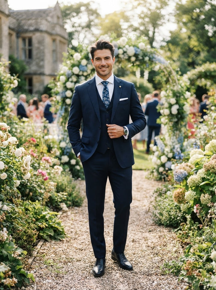 Tailored Navy Blue Suit w/ Floral Accent Tie — Navy