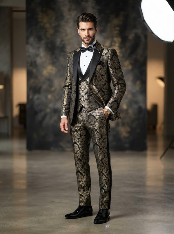 MVJQ-1 Luxury Jacquard 3PC Modern Tuxedo — Black & Metallic Gold Jacquard w/ Satin Lapel