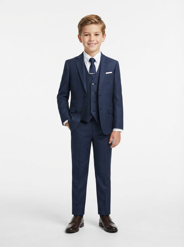 B361 Boy Solid Sharkskin 5PC Suit Set — Dark Blue w/ Notch Lapel