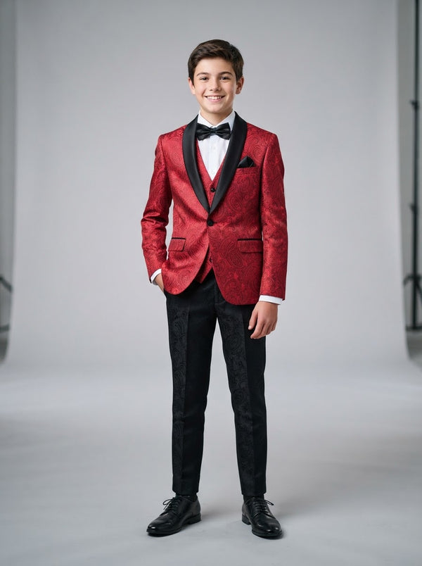 B391 Boy Paisley 5PC Suit Set — Red Paisley w/ Satin Shawl Collar