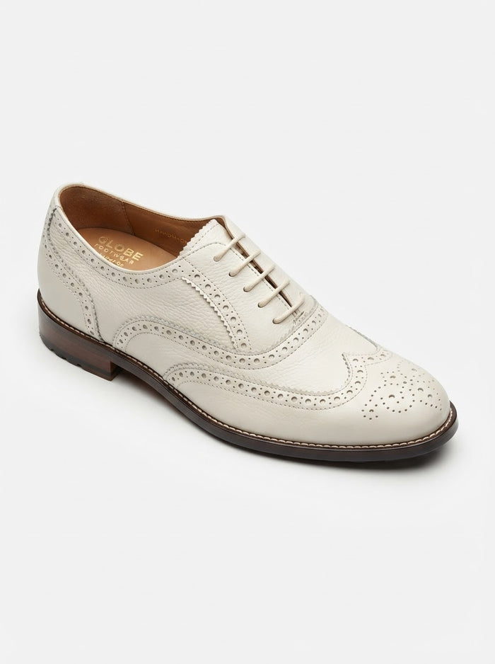 Globe 7068 Embossed Wingtip Lace — Pure Ivory White Brogue & Woven Texture Upper