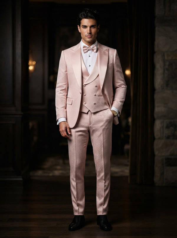 Bellagio 3PC Tailored Suit Set — Blush Pink Jacquard w/ Bow Tie