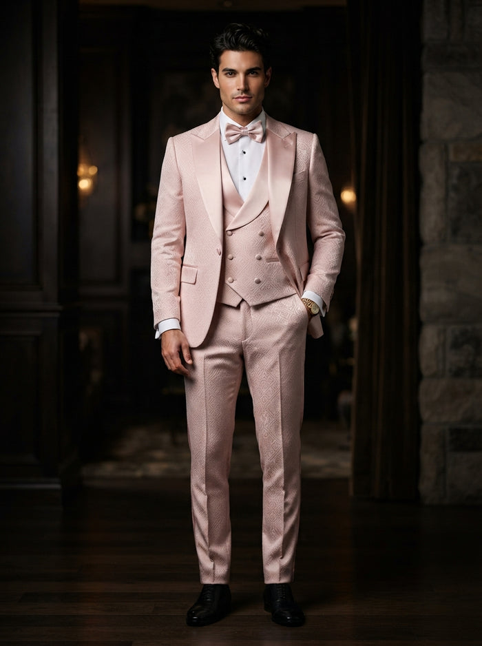 Bellagio 3PC Tailored Suit Set — Blush Pink Jacquard w/ Bow Tie