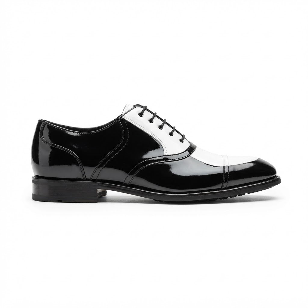 Vangelo TAB-3 Two Tone Tuxedo Shoe — Black & White Patent Leather