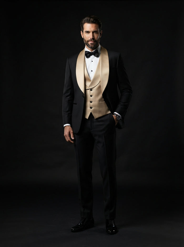 Arya 3PC Tailored Contrast Tuxedo — Black w/ Wide Champagne Shawl Lapel & Vest