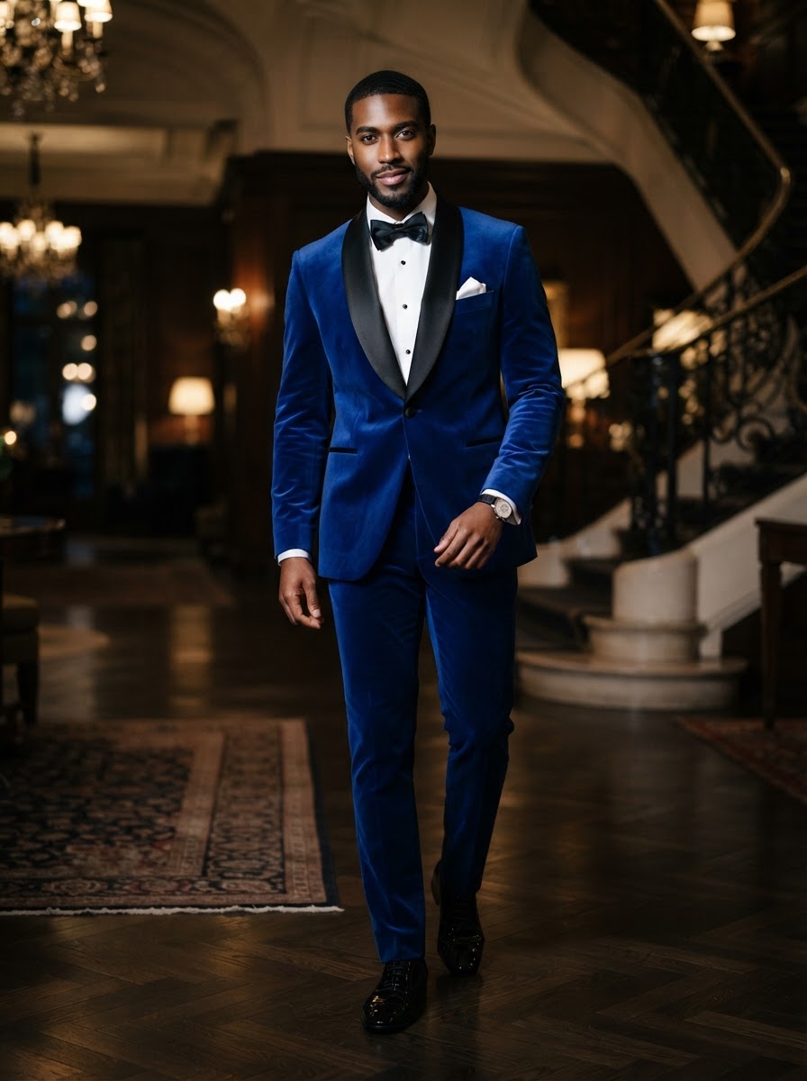 VL-100 Tailored 2PC Velvet Tuxedo — Royal Blue Velvet w/ Black Satin Lapel