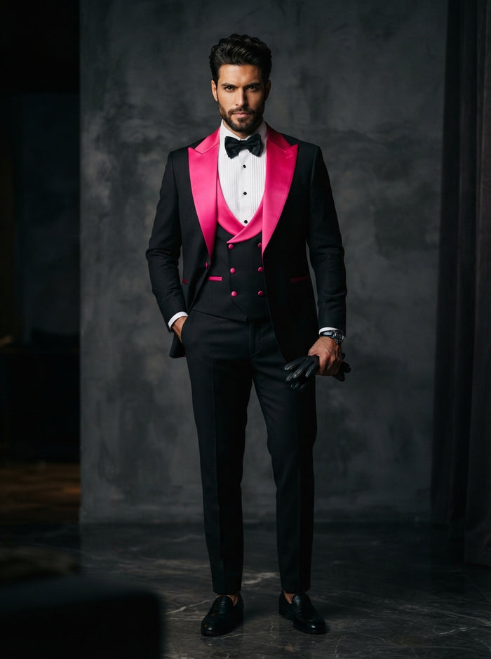 Bellagio 3PC Statement Suit — Vibrant Hot Pink w/ Satin Lapel