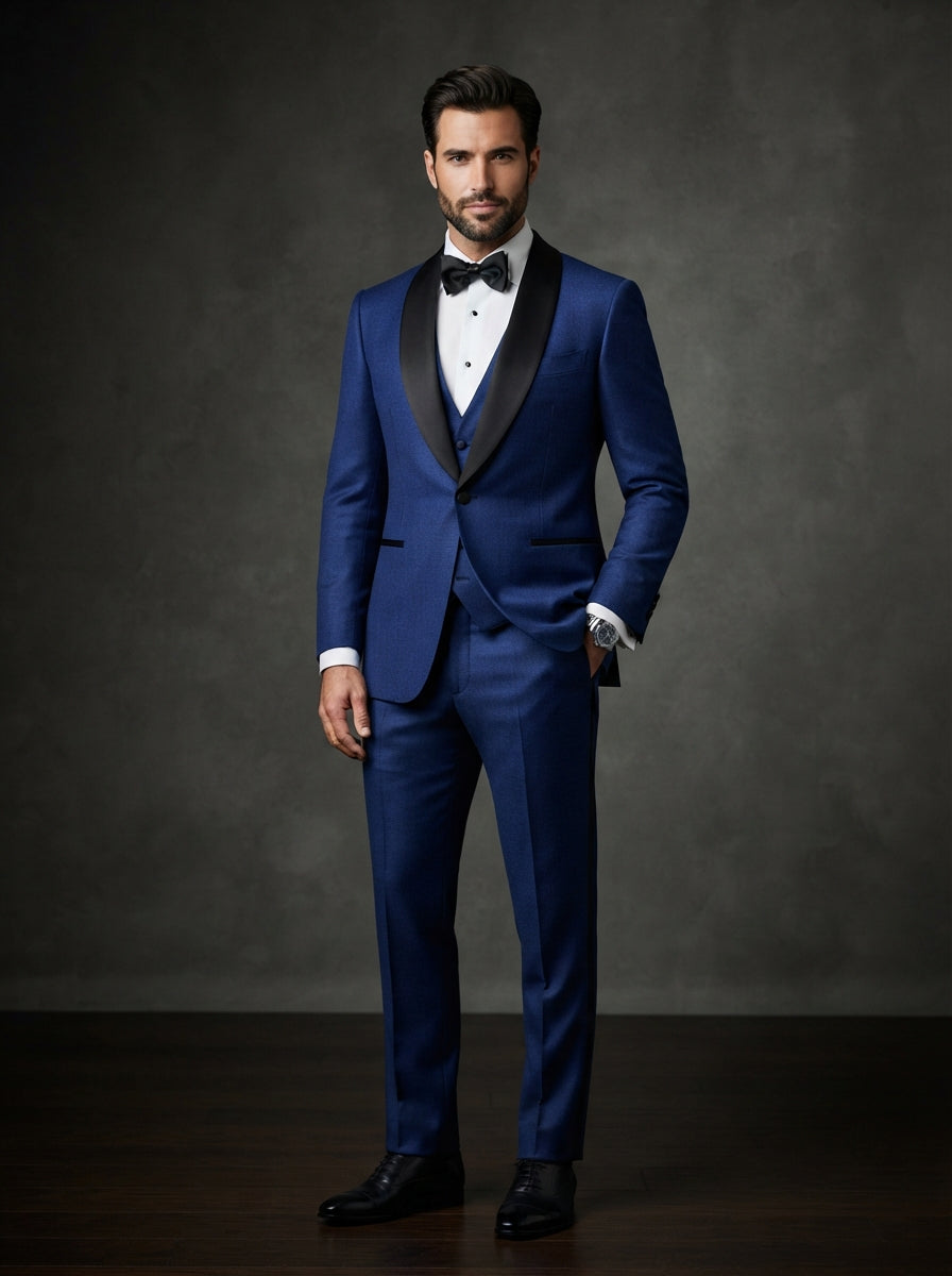 TUX-SH 3PC Tailored Shawl Tuxedo — Sapphire Royal Blue & Black Satin Lapel