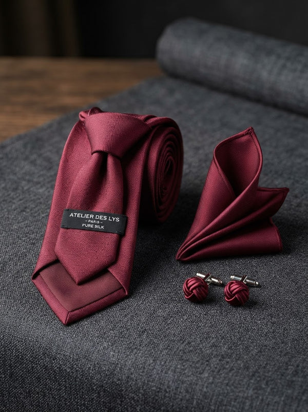 Silk Tie & Pocket Square Set — Burgundy Wine Silk