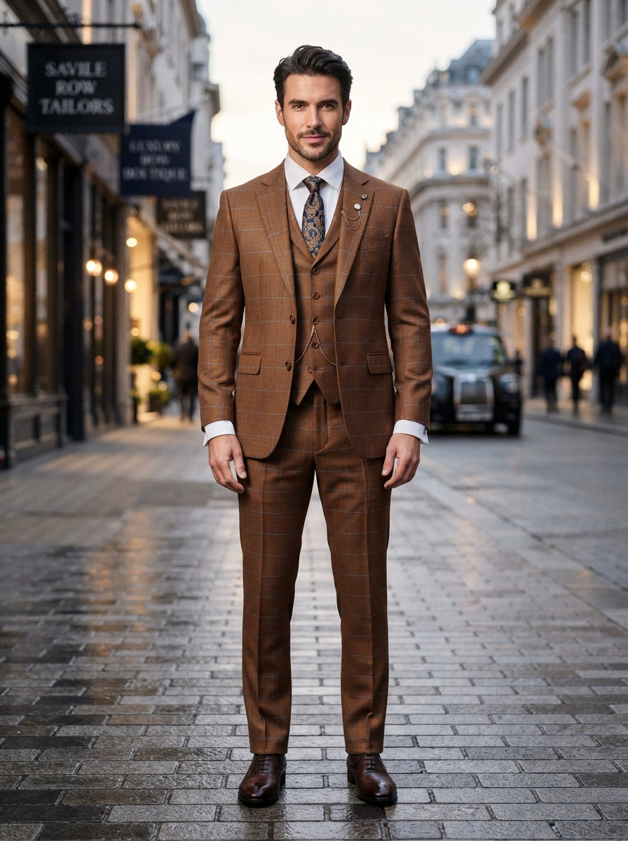 Modena 3PC Windowpane Suit — Copper Brown Super 200s Wool & Cashmere