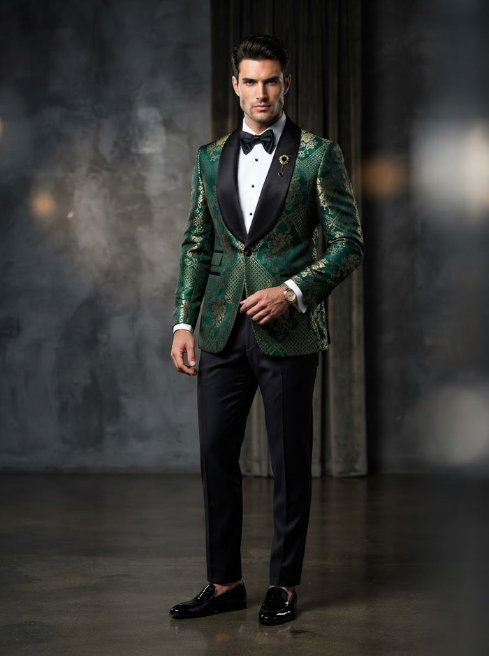 TSJQ-1 Slim Fit Jacquard Tuxedo — Emerald Green & Gold Floral Jacquard