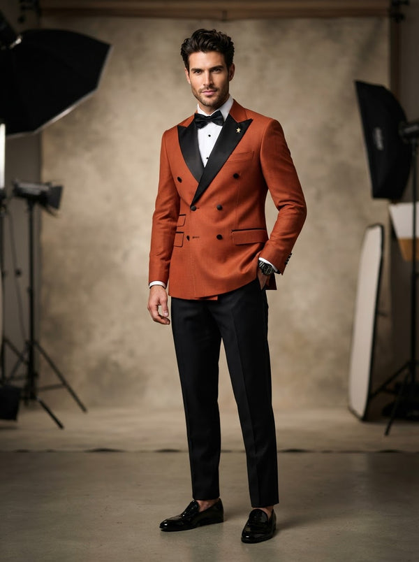 TMDB-1 Double Breasted Modern Tuxedo — Rust Orange w/ Black Satin Peak Contrast Lapel