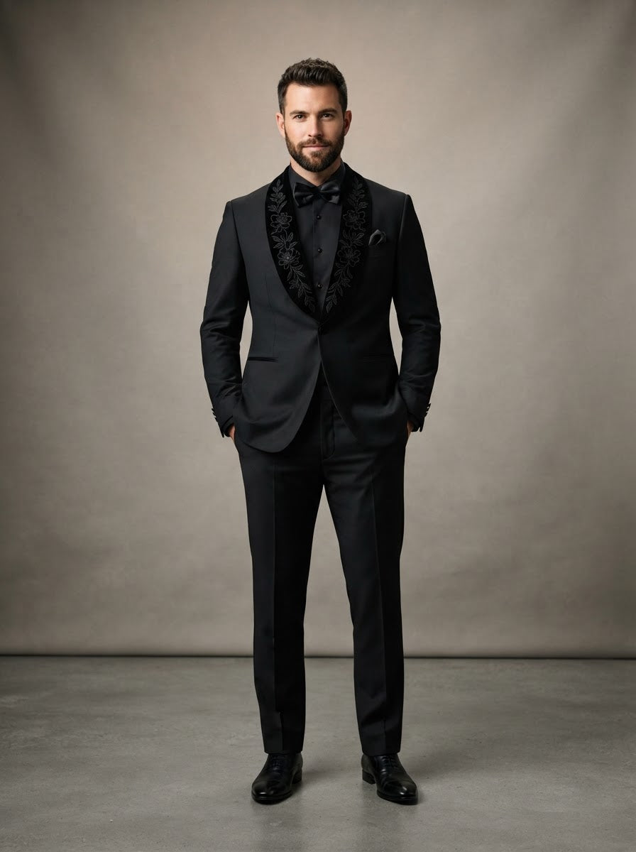Gala Embroidered Velvet Shawl Tuxedo — Black Velvet Floral Embroidered Lapel