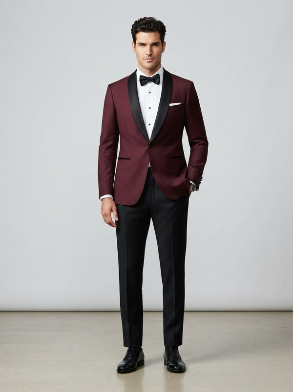 T-SS Slim Fit Shawl Tuxedo — Burgundy Wine w/ Satin Shawl Lapel
