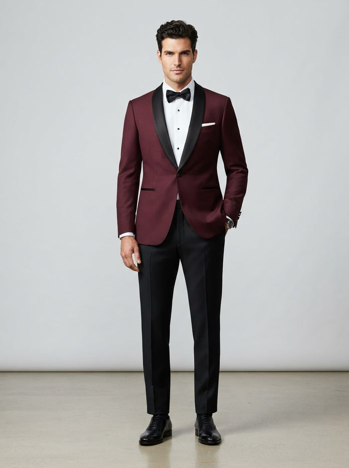 T-SS Slim Fit Shawl Tuxedo — Burgundy Wine w/ Satin Shawl Lapel