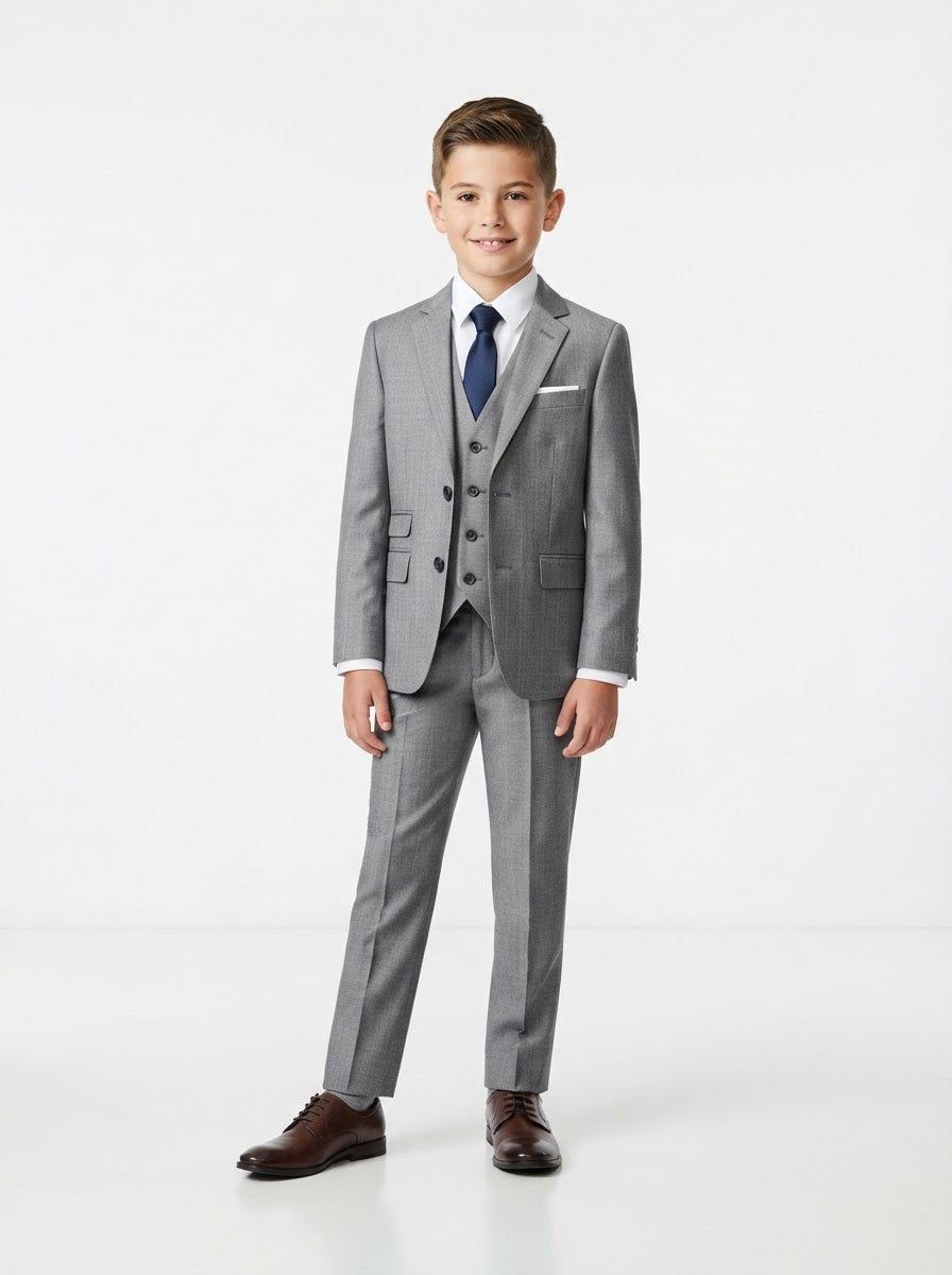 B361 Boy Solid Sharkskin 5PC Suit Set — Light Grey w/ Notch Lapel