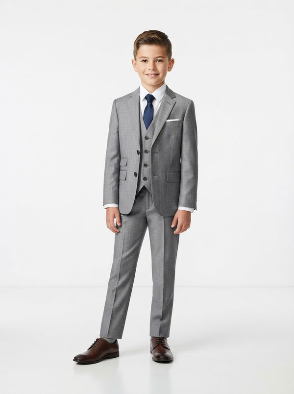 B361 Boy Solid Sharkskin 5PC Suit Set — Light Grey w/ Notch Lapel