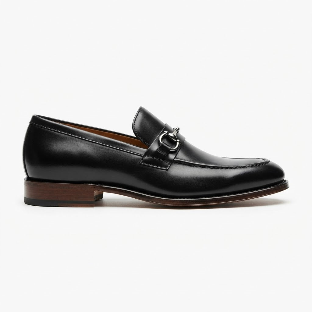 Vangelo 88251 Moc Toe Buckle Slip-On — Polished Black Leather w/ Decorative Buckle