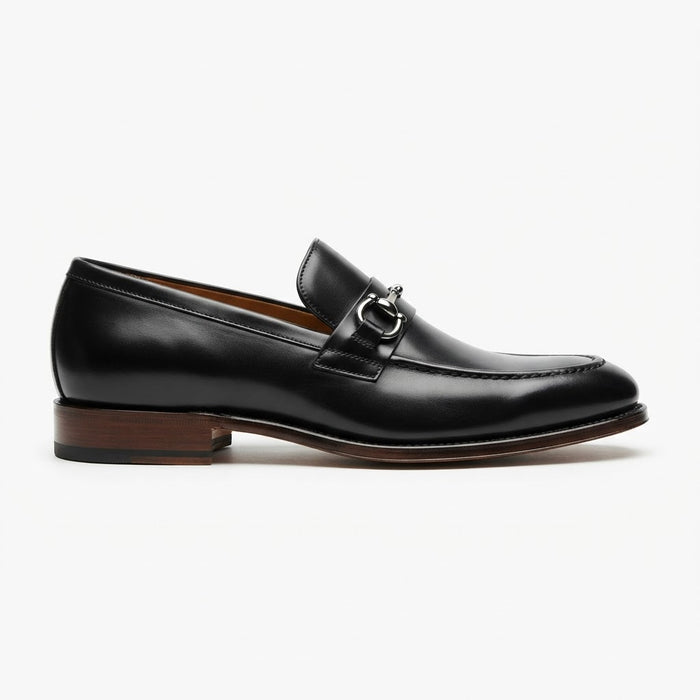 Vangelo 88251 Moc Toe Buckle Slip-On — Polished Black Leather w/ Decorative Buckle