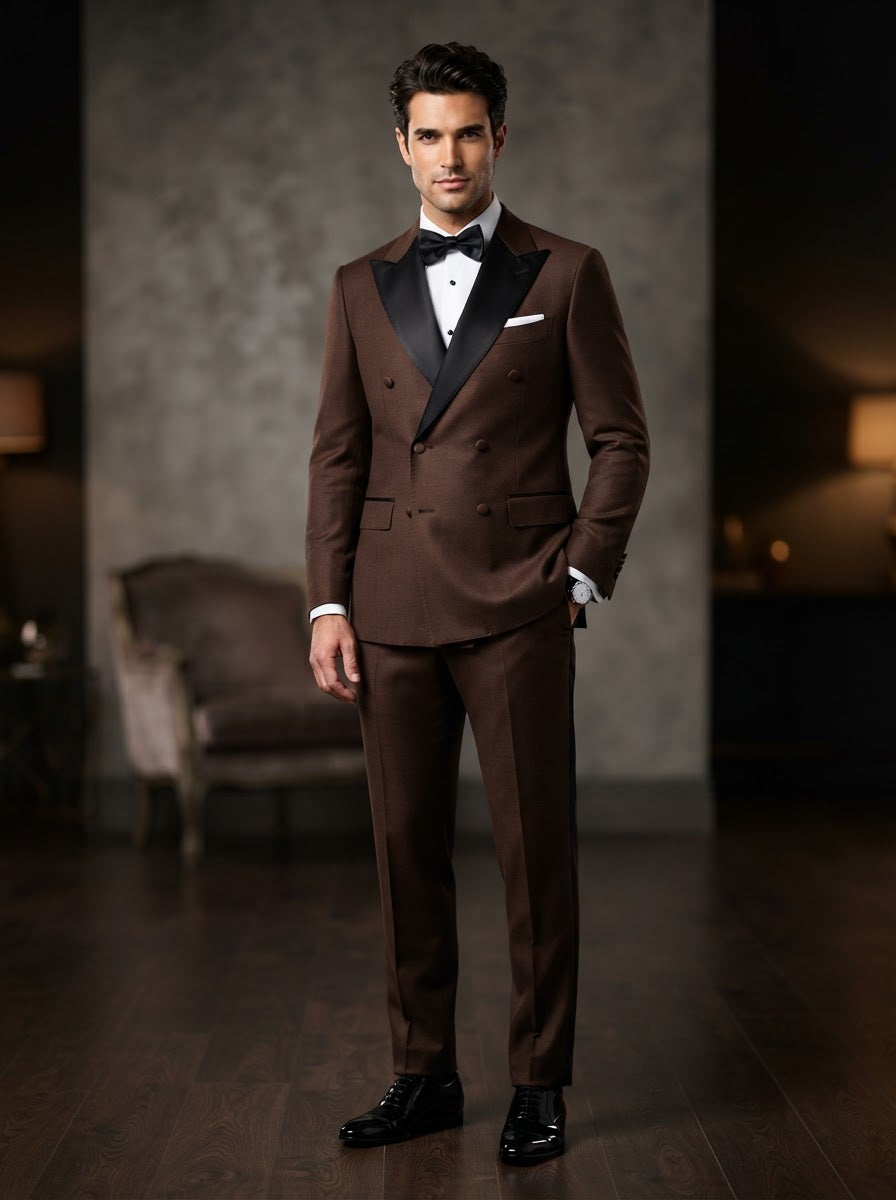 TDB-900 Luxurious Wool Feel Double Breasted Tuxedo — Rich Brown w/ Black Satin Lapel