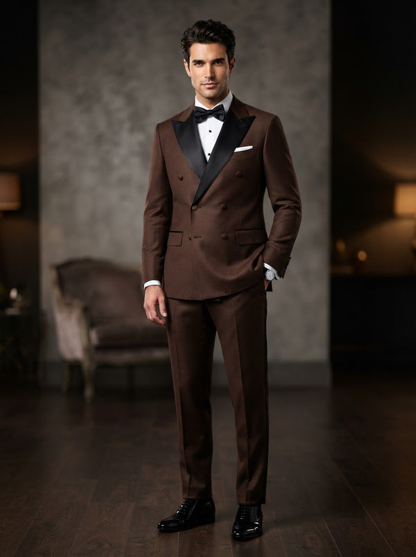 TDB-900 Luxurious Wool Feel Double Breasted Tuxedo — Rich Brown w/ Black Satin Lapel