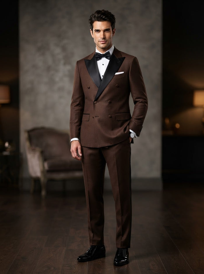 TDB-900 Luxurious Wool Feel Double Breasted Tuxedo — Rich Brown w/ Black Satin Lapel