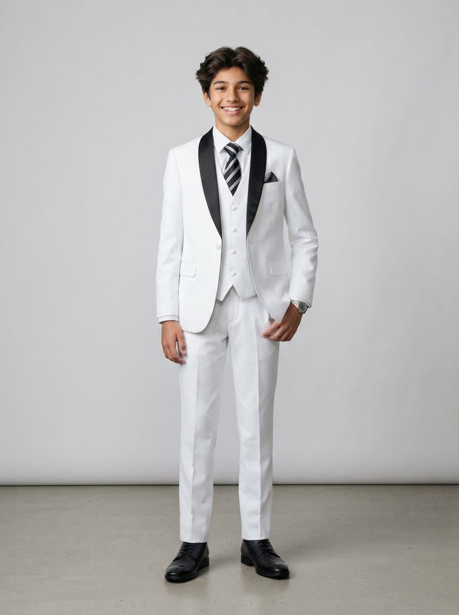 B365 Boy Solid 5PC Suit Set — White w/ Satin Shawl Collar