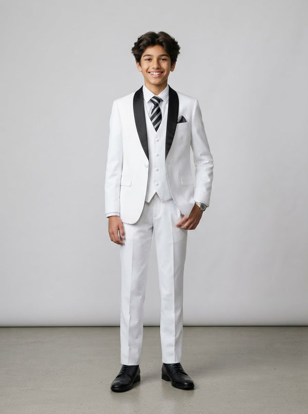 B365 Boy Solid 5PC Suit Set — White w/ Satin Shawl Collar