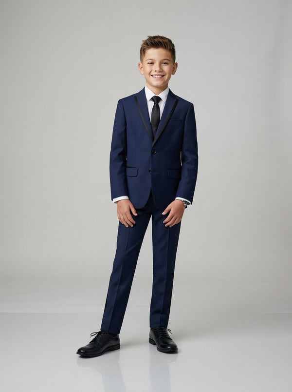 B369S Boy Solid 4PC Suit Set — Blue w/ Black Satin Notch Lapel