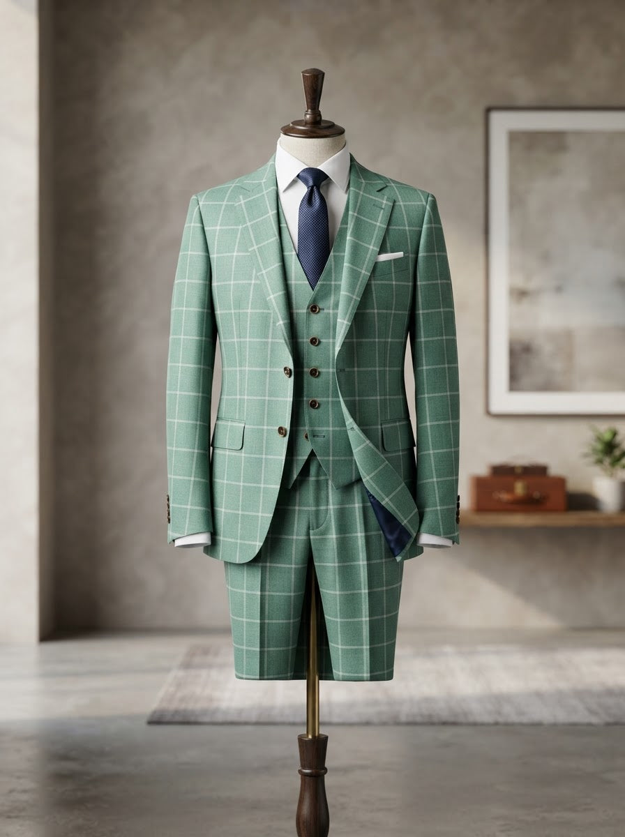 Diego 3PC Windowpane Plaid Suit — Mint Green Check Super 200s Wool & Cashmere