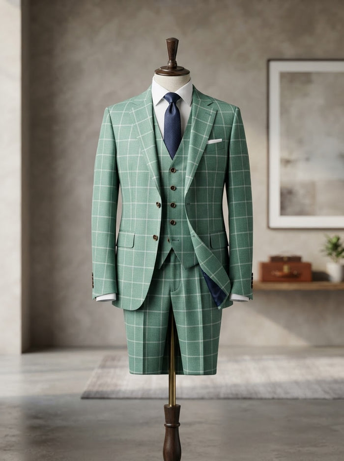 Diego 3PC Windowpane Plaid Suit — Mint Green Check Super 200s Wool & Cashmere