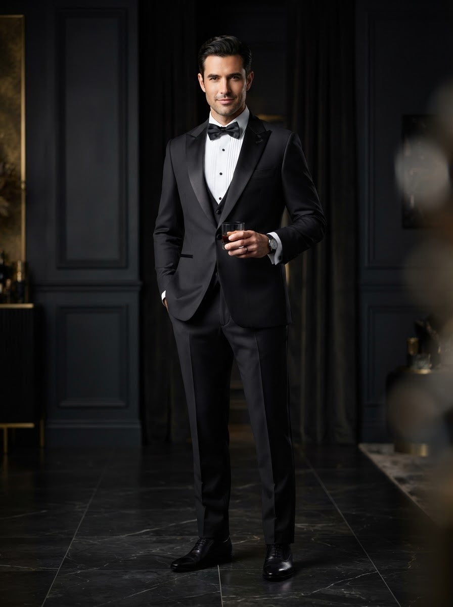 MGM 3PC Tailored Fit Suit Set — Classic Black w/ Black Peak Satin Lapel
