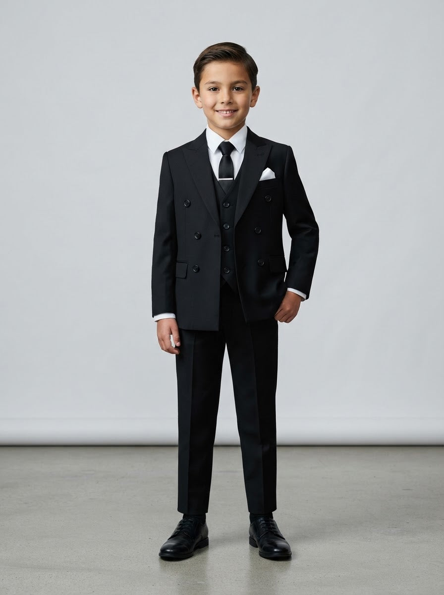 PB363 Boy Solid 5PC Suit Set — Classic Black w/ Notch Lapel