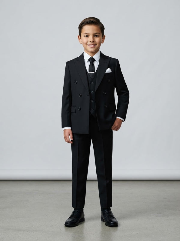 PB363 Boy Solid 5PC Suit Set — Classic Black w/ Notch Lapel