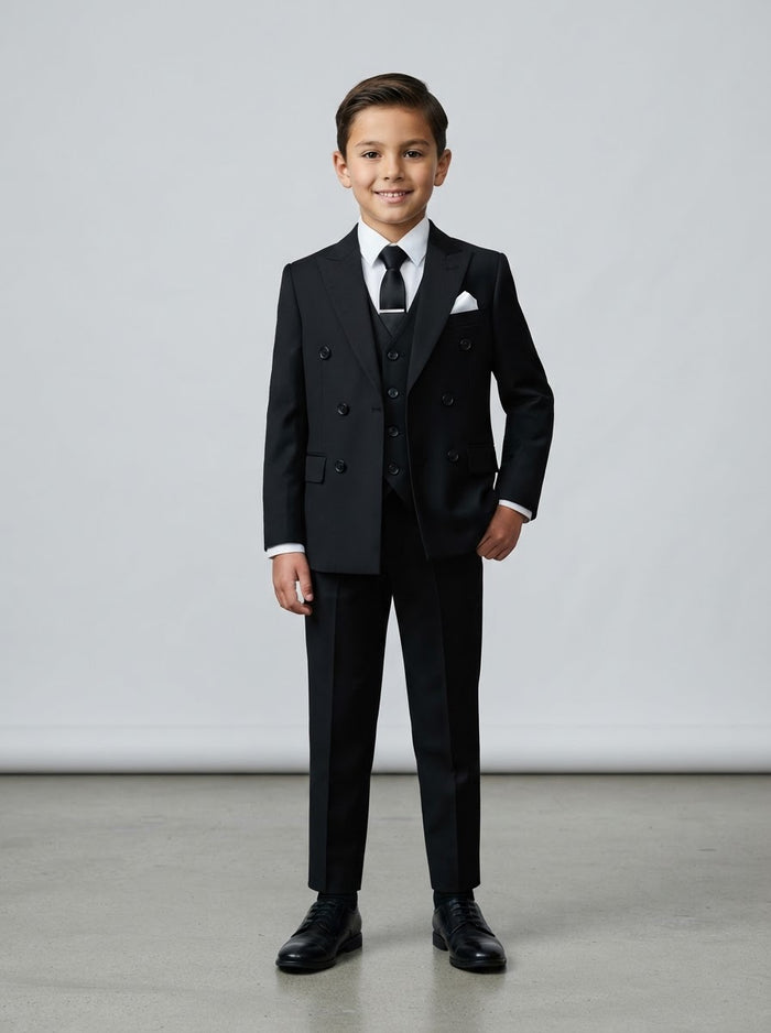 PB414 Boy Windowpane Plaid 5PC Suit Set — Black Windowpane Grid