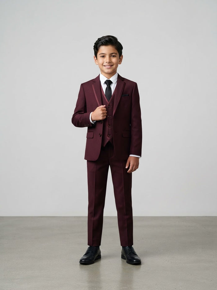 PB363 Boy Solid 5PC Suit Set — Deep Burgundy Wine w/ Notch Lapel