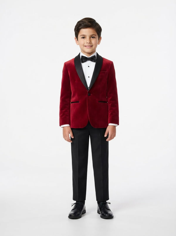 BTV409S Boy Velvet Tuxedo Set — Red w/ Satin Shawl Collar
