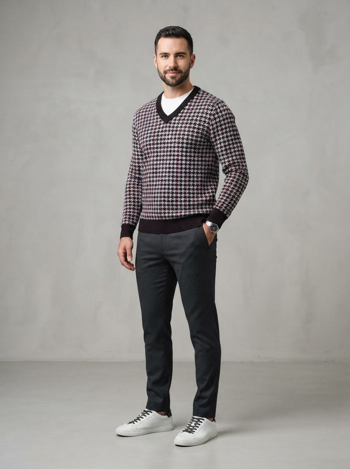 LSW4 Collar V-Neck Long Sleeve Sweater — Black / White / Burgundy Houndstooth