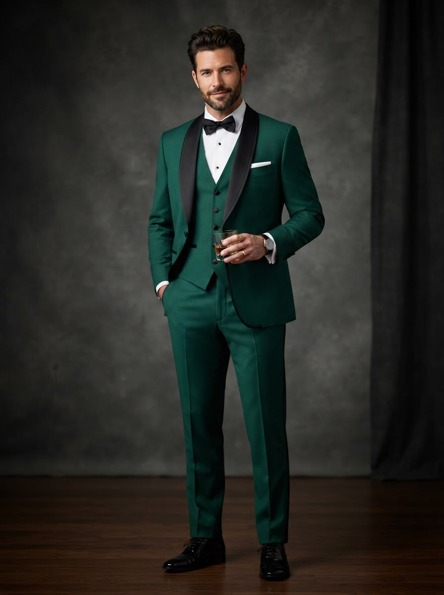 Genova 3PC Modern Fit Tuxedo — Hunter Green w/ Black Piped Trim