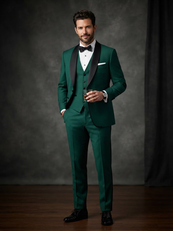 Genova 3PC Modern Fit Tuxedo — Hunter Green w/ Black Piped Trim