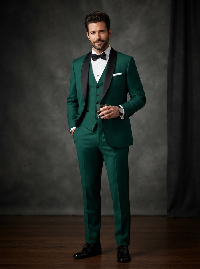 Genova 3PC Modern Fit Tuxedo — Hunter Green w/ Black Piped Trim