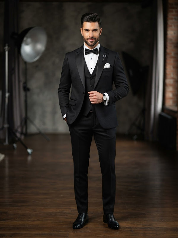 TVMF-2 Luxurious Wool Feel 3PC Fancy Suit — Black Fancy Woven Pattern w/ Vest & Bow Tie