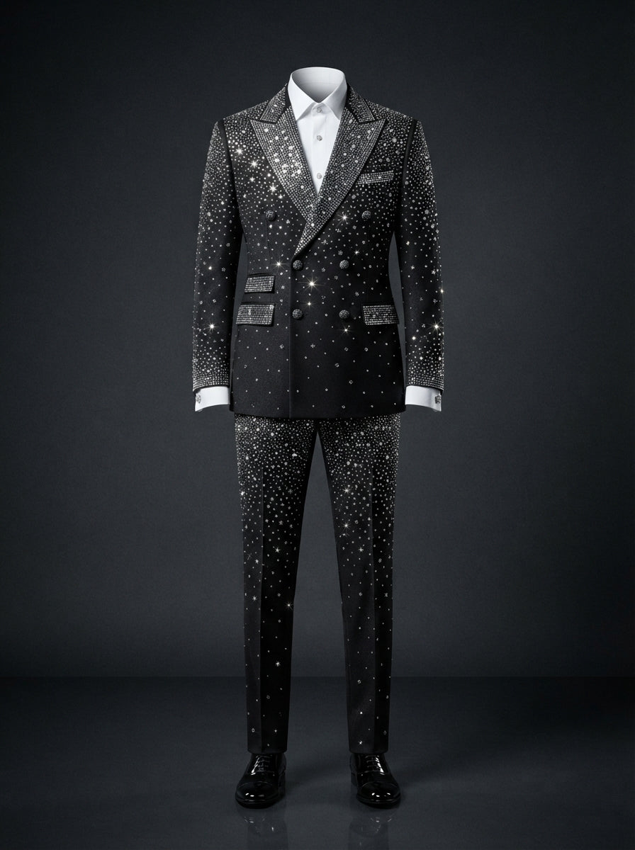 Romeo Rhinestone Double Breasted Tuxedo — Black & Silver Diamond Rhinestones